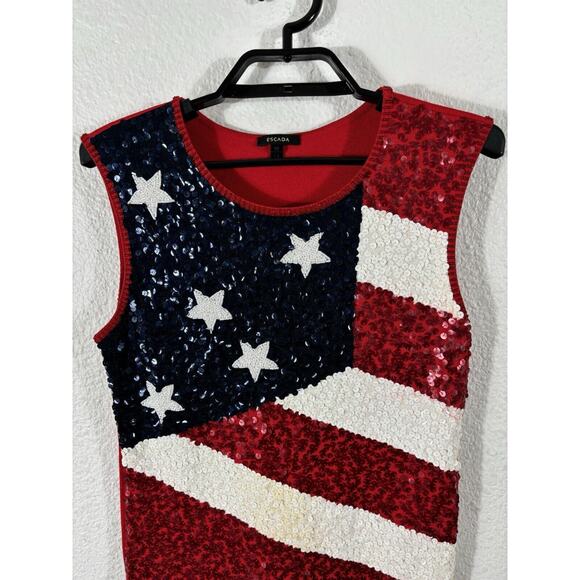 Escada Knit Top Size S Red American Flag Rayon Blend Stars Stripes Sleeveless - Picture 2 of 11